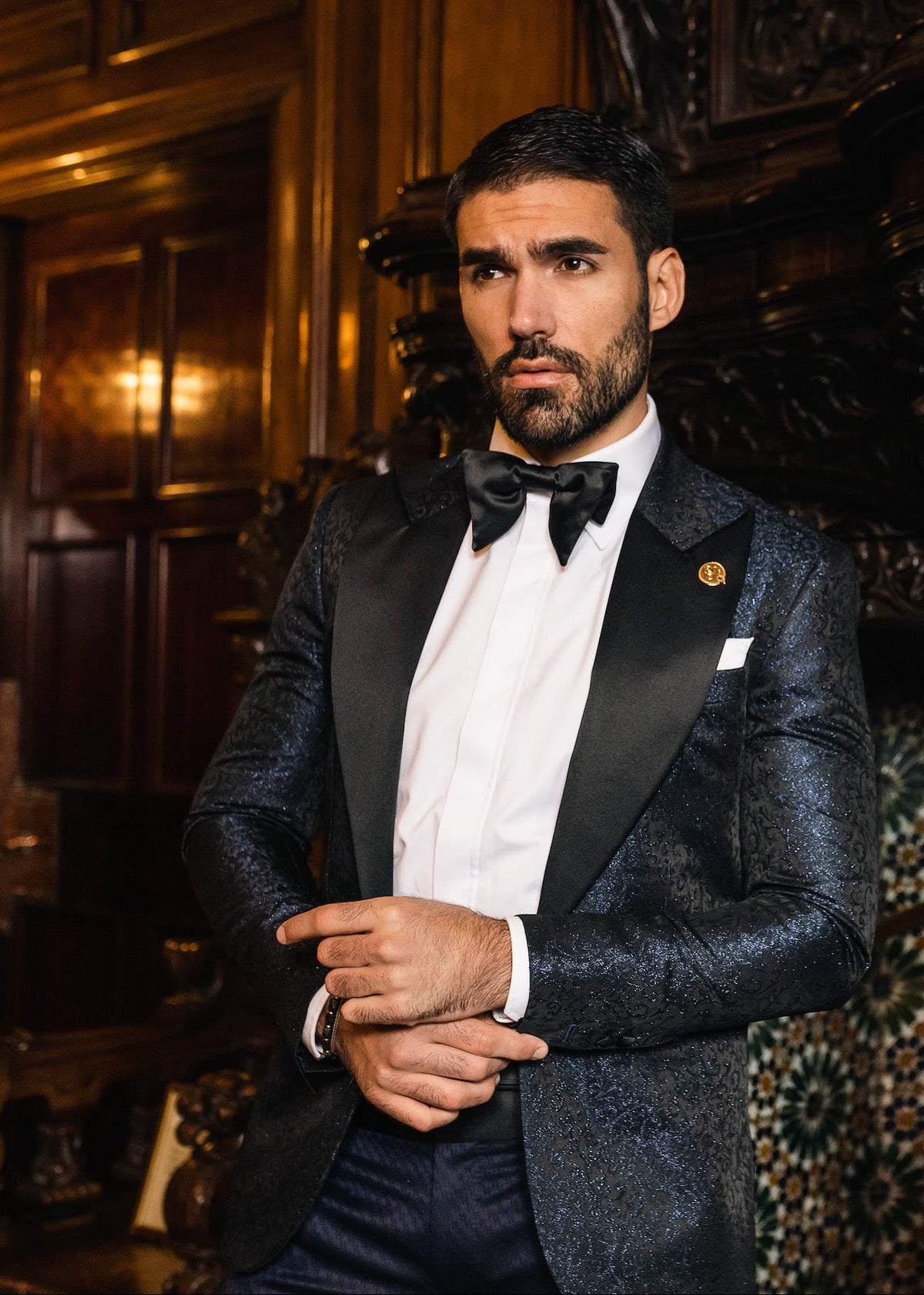 Man wearing Signature Bespoke black tie evening tailoring
